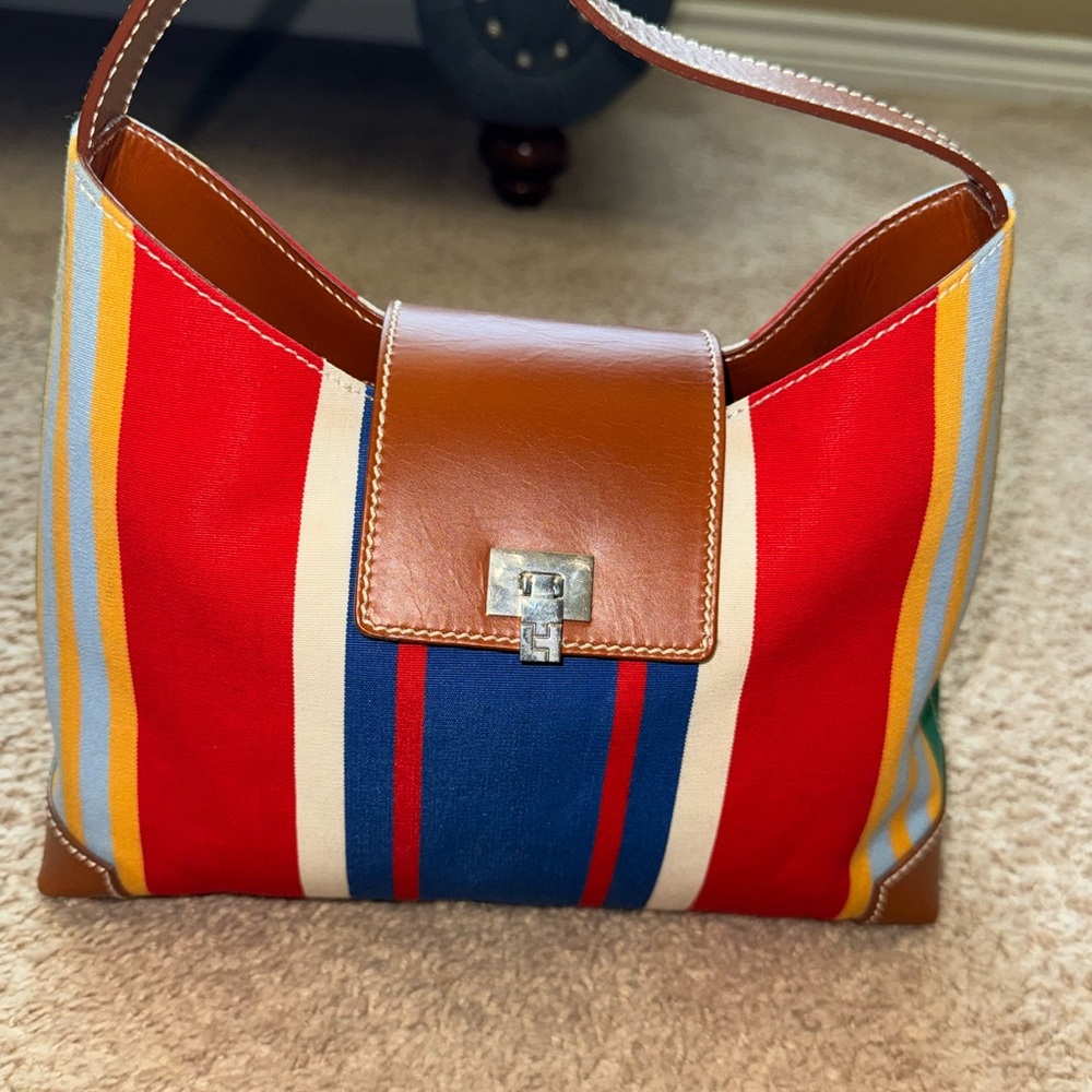 ❌❌❌ SOLD!!! Red and Blue Striped Shoulder Bag with Leather Accents
